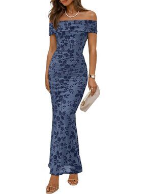 Floral Off-Shoulder Bodycon Maxi Dress - Summer Formal Dress with Ruched Detail